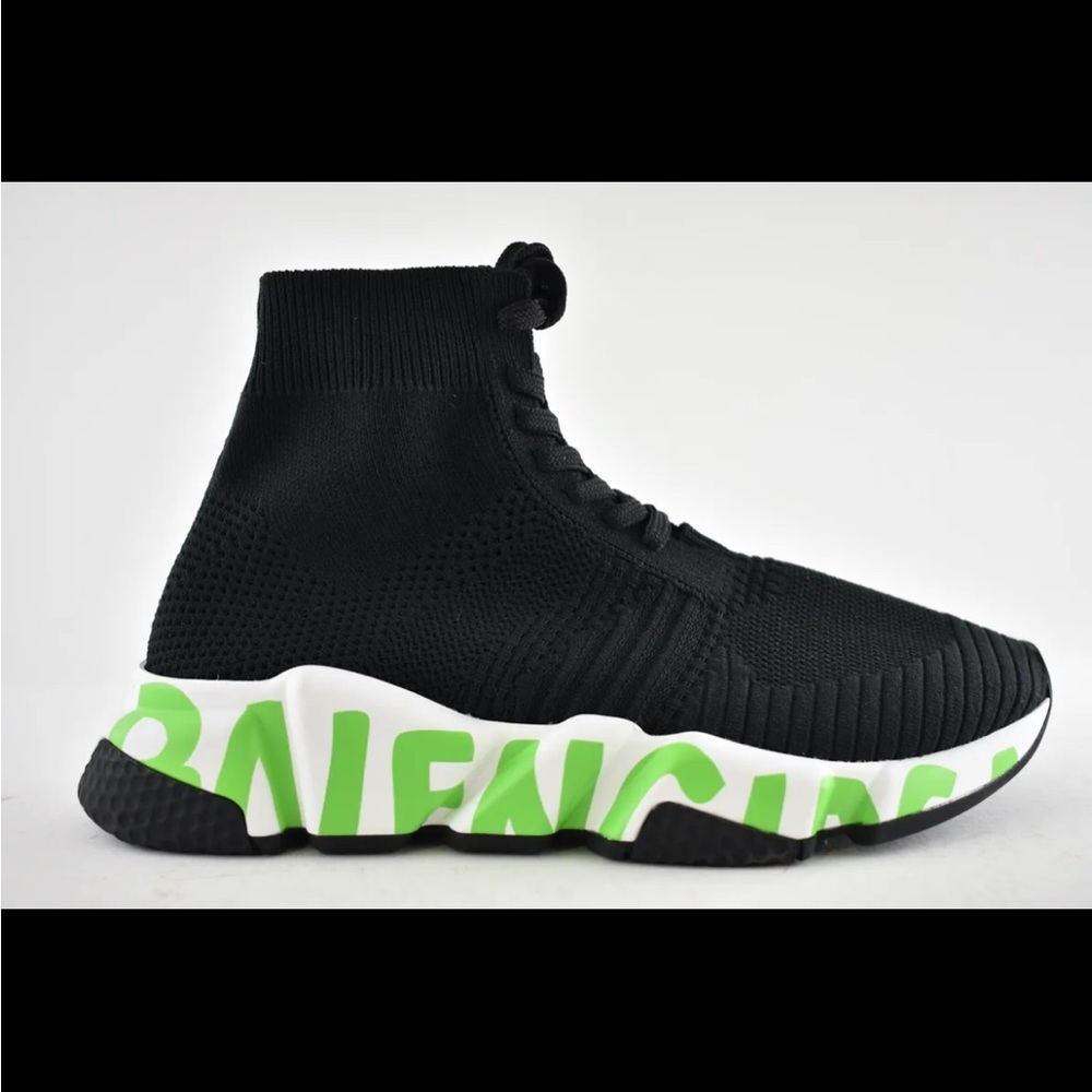 Balenciaga Speed Lace Up Tie Graffiti Black Green Sock High Top Knit Sneaker 39
